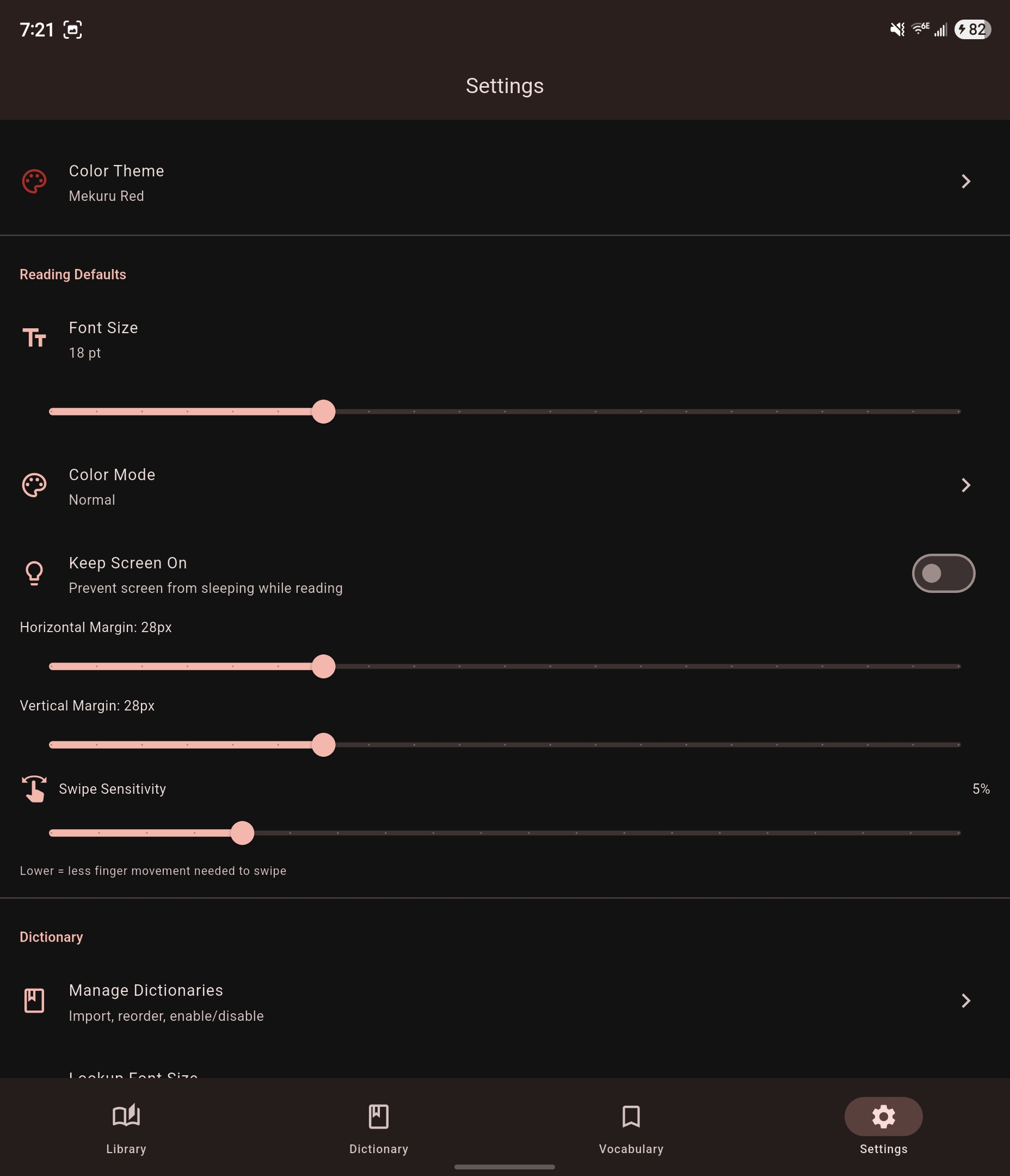 Settings screen with reading defaults